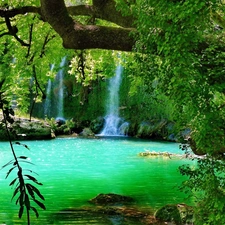 waterfall, VEGETATION, green, woods