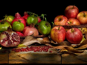 Cage, apples, Black, grenades, Fruits, Leaf, background