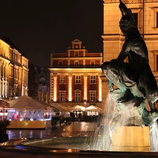 town hall, Night, Pozna?, fountain, old town