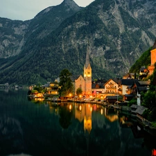 Church, Austria, Houses, Mountains, Hallst?ttersee Lake, Hallstatt