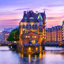 River, Germany, Houses, Picture of Town, Bridges, Hamburg