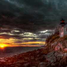 clouds, Lighthouses, bass harbor, Maine, Great Sunsets, sea