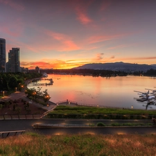 Harbour, Gulf, Coal Harbour, viewes, trees, Vancouver, clouds, Sailboats, Canada, Sunrise, Mountains, skyscrapers