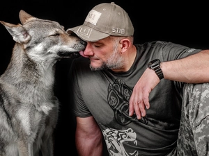 beard, a man, dog, Czechoslovakian Wolfdog, Watch, Hat