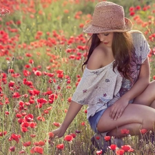 Meadow, girl, Hat, papavers