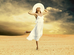 Women, Desert, clouds, Hat