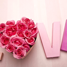 Box, LOVE, roses, Heart, text, Pink, boarding
