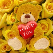 Yellow, teddy bear, Heart teddybear, roses