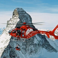Helicopter, winter, Snowy, peaks, Mountains