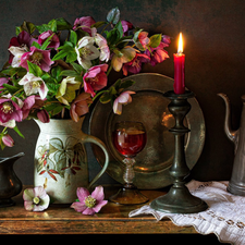 jug, Flowers, glass, Helleborus, composition, candle, napkin