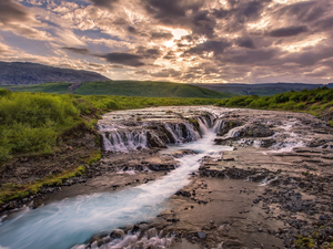 Bruarfoss Waterfall, clouds, Bruara River, The Hills, Sky, Great Sunsets, iceland