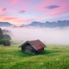 Mountains, Fog, Home, woods