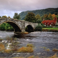 River, clouds, Home, bridge