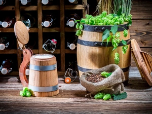 barrel, hop, mug, Bottles, Beer