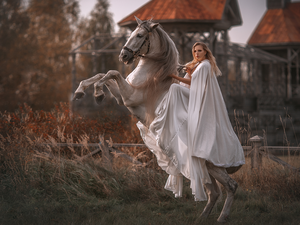 gray, Horse, Blonde, cape, Women