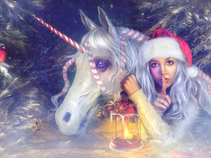 Nicholas, lantern, graphics, unicorn, Twigs, Hat, Women, Horse