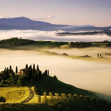 house, Mountains, Fog