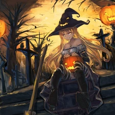 Stairs, witch, moon, girl, halloween, house, pumpkin