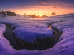 curve, Bavaria, winter, viewes, Great Sunsets, Germany, Allgau Region, house, trees, flux