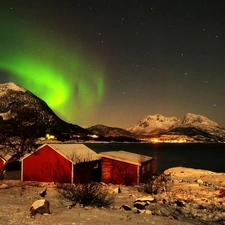 house, winter, Polaris, Mountains, dawn