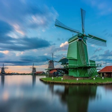 Zaanse Schans, Zaandam, lake, Skansen, Netherlands, Windmills, house