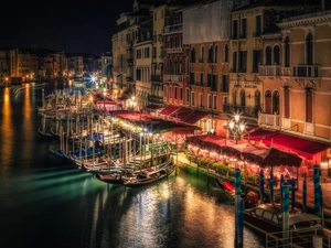Town, Venice, boats, Houses, Italy, night, Gondolas