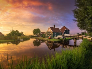 bridge, Zaanse Schans Open Air Museum, Houses, country, Netherlands, Windmills, River