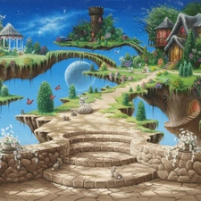 fairytale, animals, Houses, land