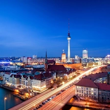 Churches, Bridges, Berlin, tower, River, Houses, Germany