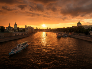 Houses, vessels, Moscow, Churches, Moscow River, Great Sunsets, Russia