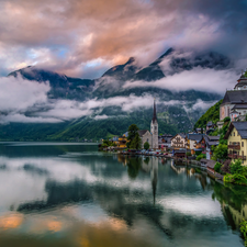 Salzburg Slate Alps, Hallstattersee Lake, Austria, Houses, Hallstatt, Mountains, Fog, Church