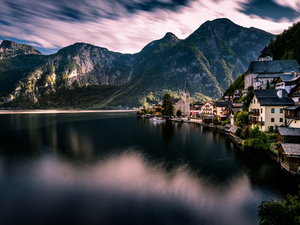 Houses, Austria, Salzburg Slate Alps, Hallstattersee Lake, Mountains, Hallstatt