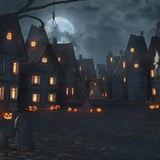 Houses, halloween, light, Street, trees, graphics, moon, pumpkin, Night