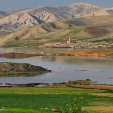 River, field, Houses, Mountains