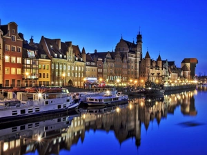 houses, antique, Panorama of Gdansk, crane, nigh, motlawa, River, vessels