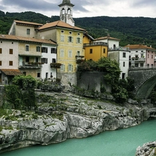 Houses, River, Slovenia, bridge, Triglav