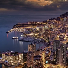 sea, skyscrapers, Monaco, Houses