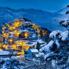 winter, Houses, light, country, twilight, forest, Mountains, evening