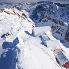 Houses, winter, Snowy, peaks, Mountains