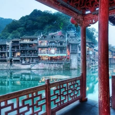 old, Houses, Feng Huang, China, Town, River