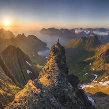 North Sea, Norway, Human, Sunrise, Mountains, Lofoten