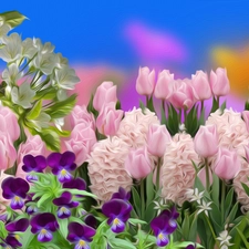 pansies, Tulips, graphics, Hyacinths, Flowers, twig, Spring