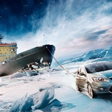 Ice-breaker, graphics, Automobile, Ford, sea, Ship