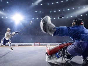 goalkeeper, hockey, light, ice rink, attacker, players