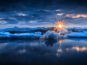 Mountains, rays, sun, ice