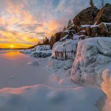 Icecream, icy, Russia, rocks, Karelia, Lake Ladoga, winter, Great Sunsets