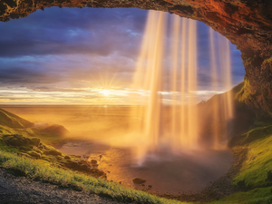rocks, Great Sunsets, iceland, Seljalandsfoss Waterfall