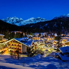 illuminated, Houses, winter, Valley, Mountains