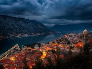 Bay of Kotor, sea, Houses, Night, illuminated, Montenegro, Kotor City, Mountains