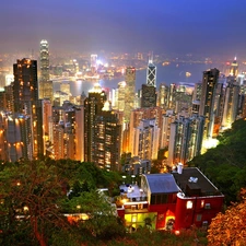 illuminated, Town, skyscrapers, clouds, Hong Kong